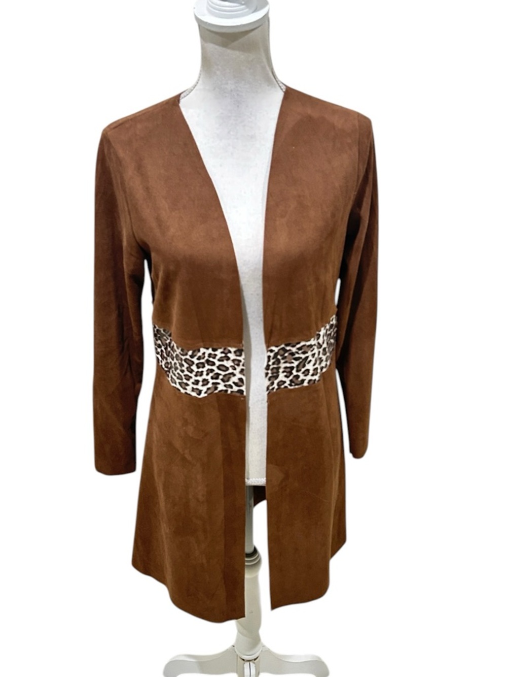Nwot Vocal USA caramel faux suede duster open front jacket animal print waist